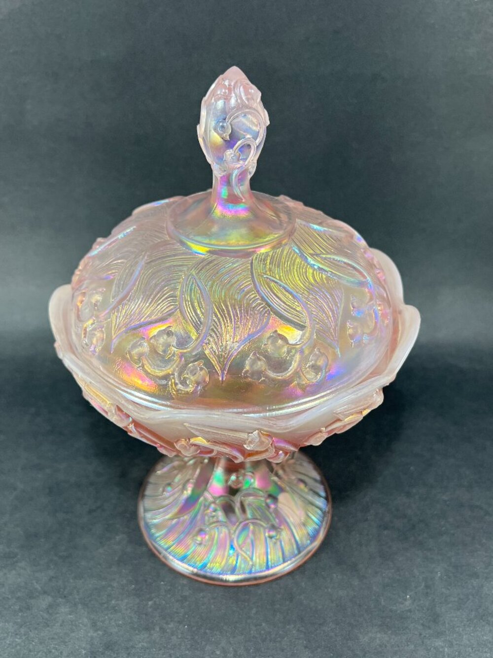 Vtg Fenton Lily Of The Valley Art Glass Pink Opalescent Carnival Iridescent Lid - Picture 3 of 16
